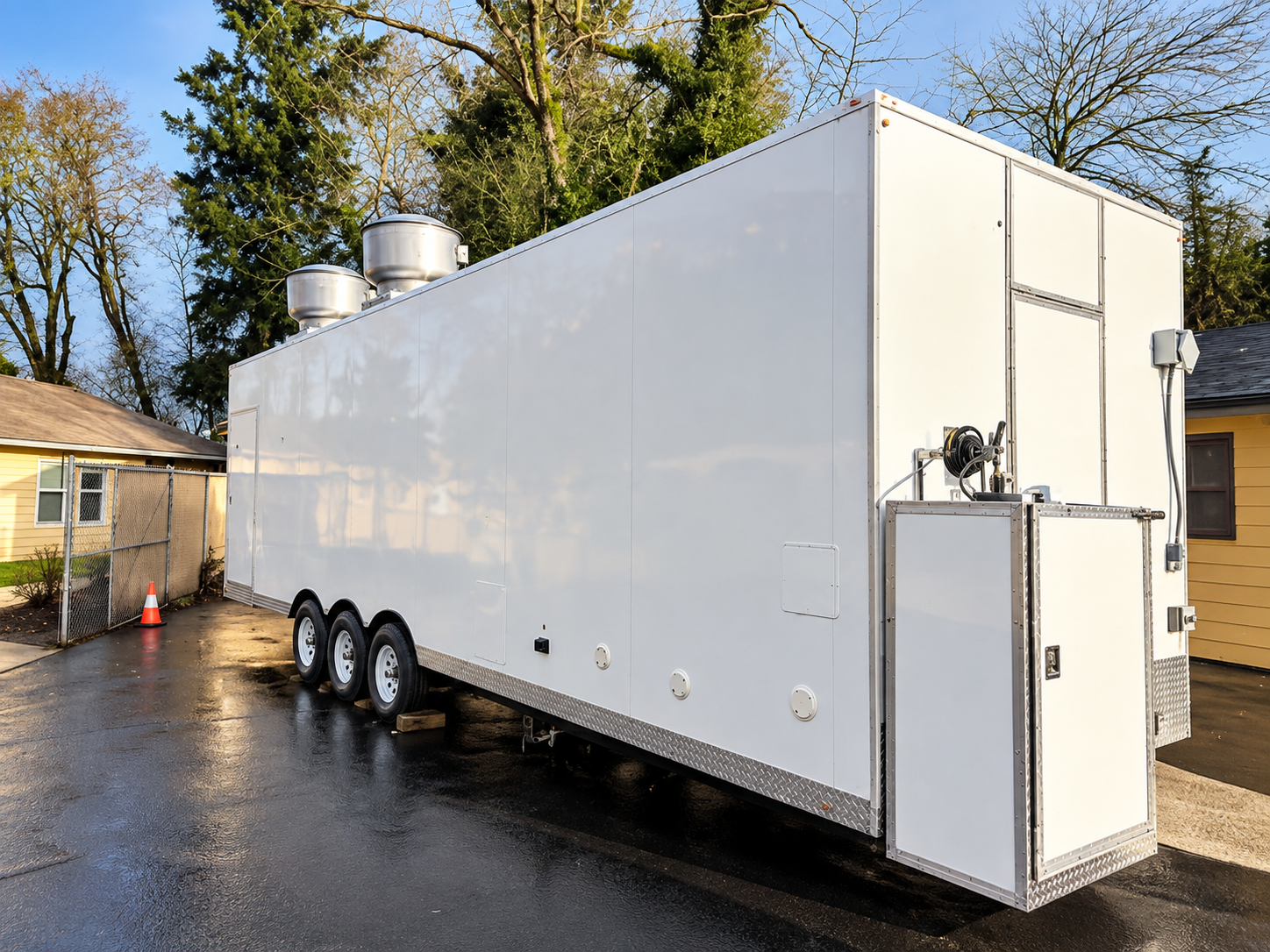 Exterior of a 28 ft temporary commercial kitchen trailer